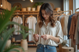 Jeune femme examine une étiquette de vêtement dans une boutique mode éthique