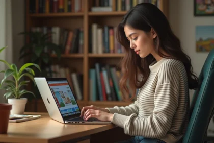 Jeune femme lisant un webtoon sur son ordinateur à la maison