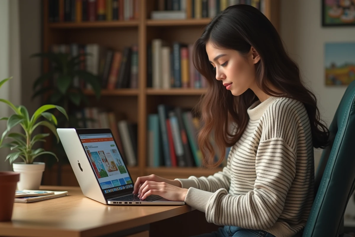 Jeune femme lisant un webtoon sur son ordinateur à la maison