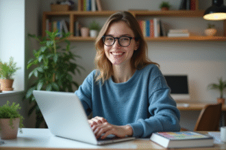 Jeune femme concentrée travaillant sur son ordinateur à la maison