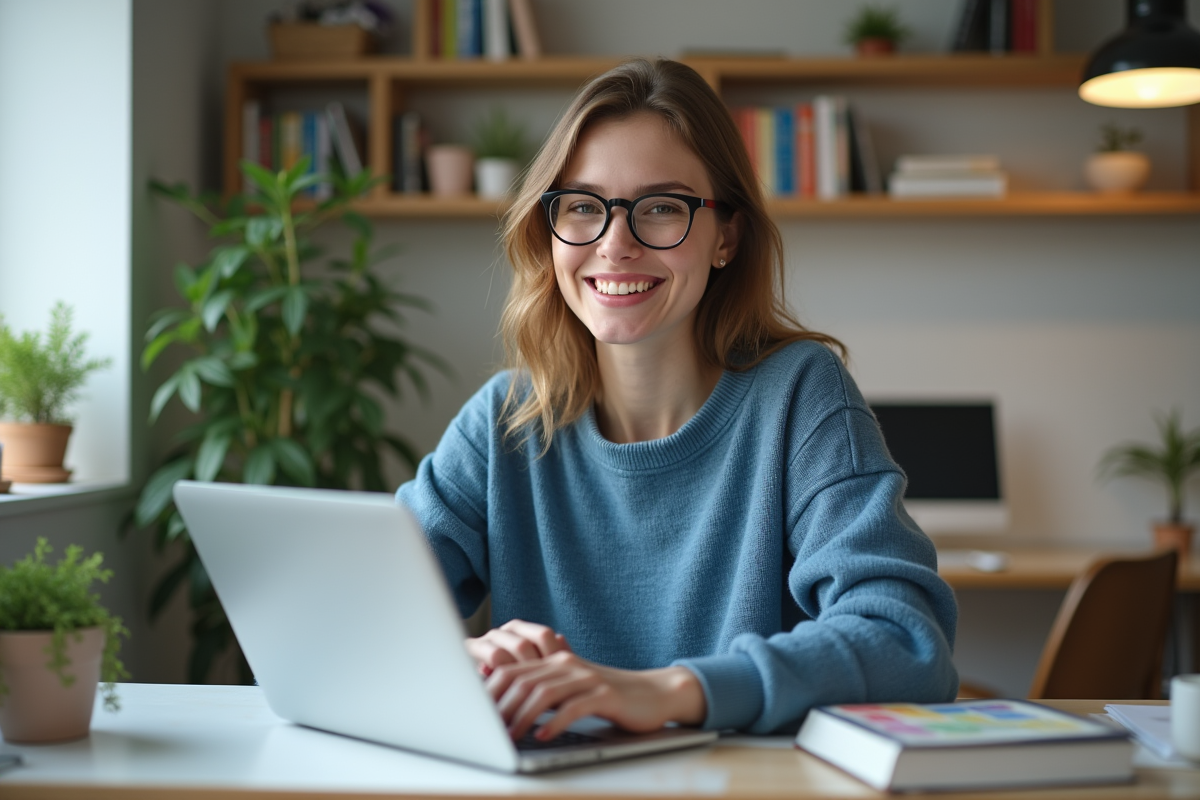 Jeune femme concentrée travaillant sur son ordinateur à la maison