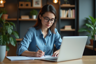 Jeune femme en blouse bleue étudie un article au bureau