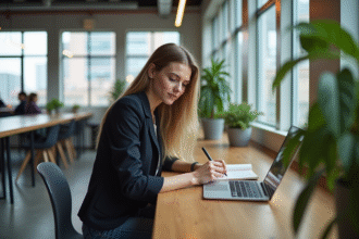 Jeune femme en coworking avec ordinateur et notes