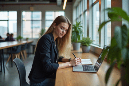 Jeune femme en coworking avec ordinateur et notes