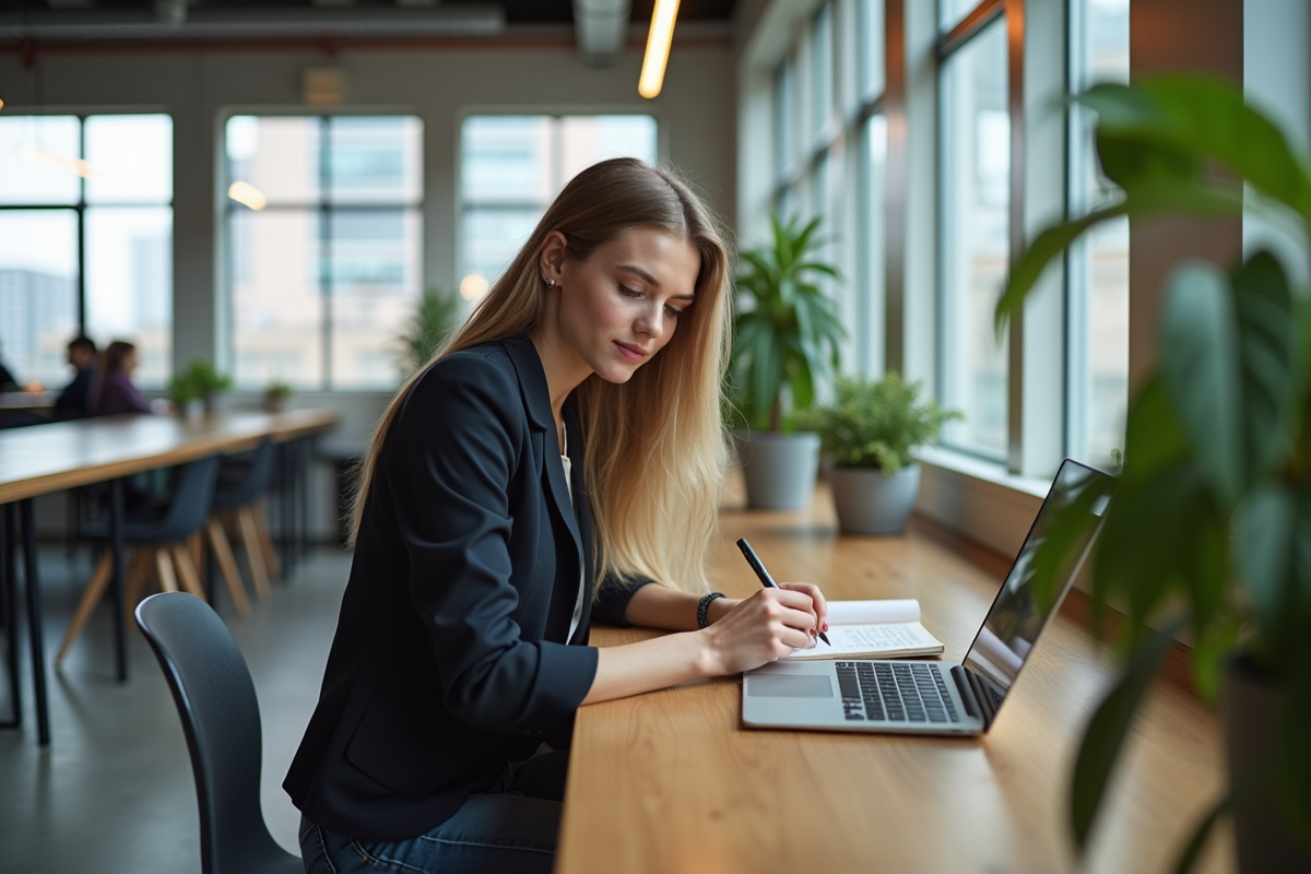 Jeune femme en coworking avec ordinateur et notes