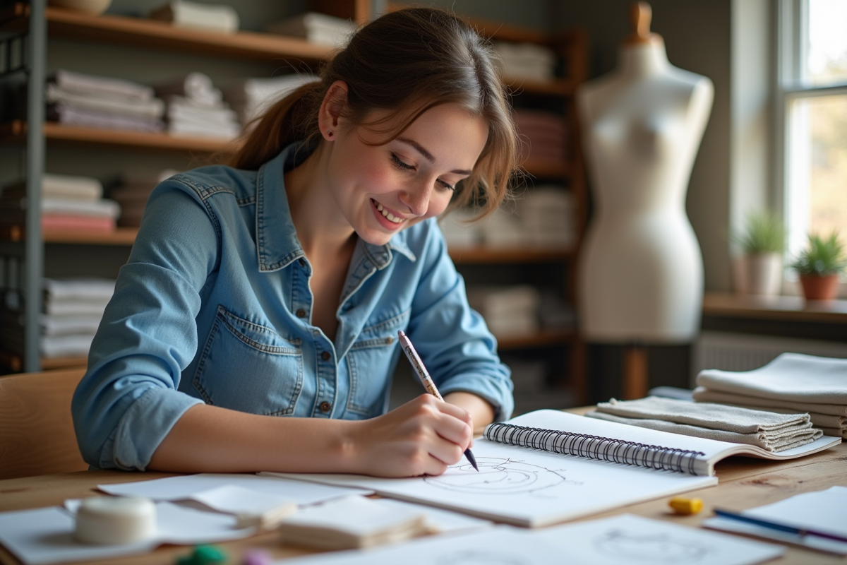 Jeune femme en train de dessiner des créations de mode dans son atelier lumineux