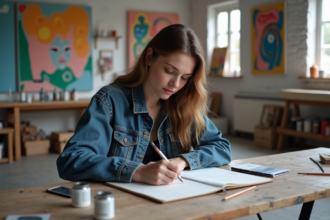 Jeune femme en streetwear monochrome sketchant dans un atelier d'art