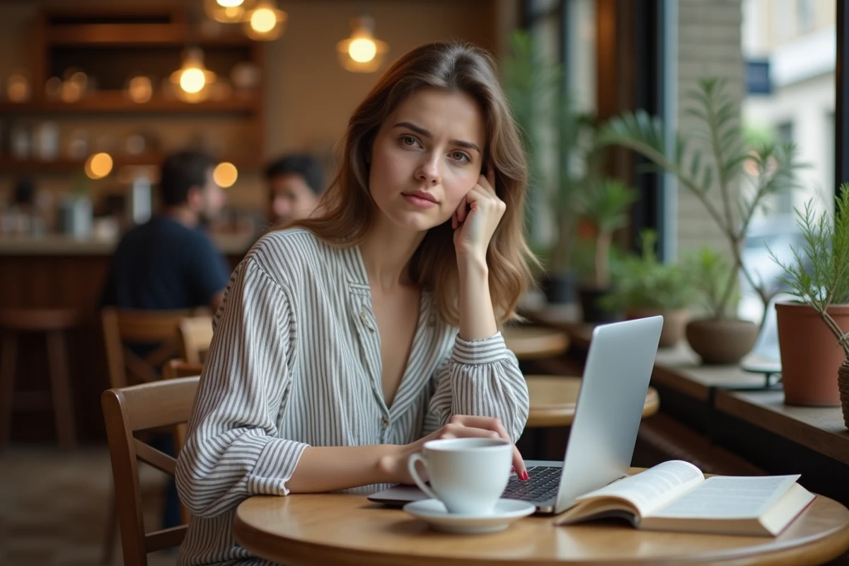 Jeune femme consultant un manuel de grammaire française dans un café pour corriger une erreur de conjugaison