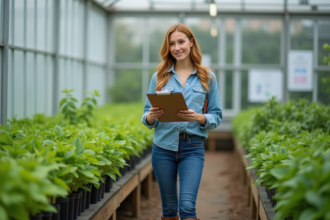 Jeune femme dans une serre universitaire observant des plantes