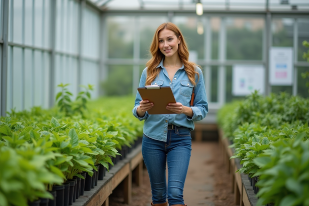 Jeune femme dans une serre universitaire observant des plantes