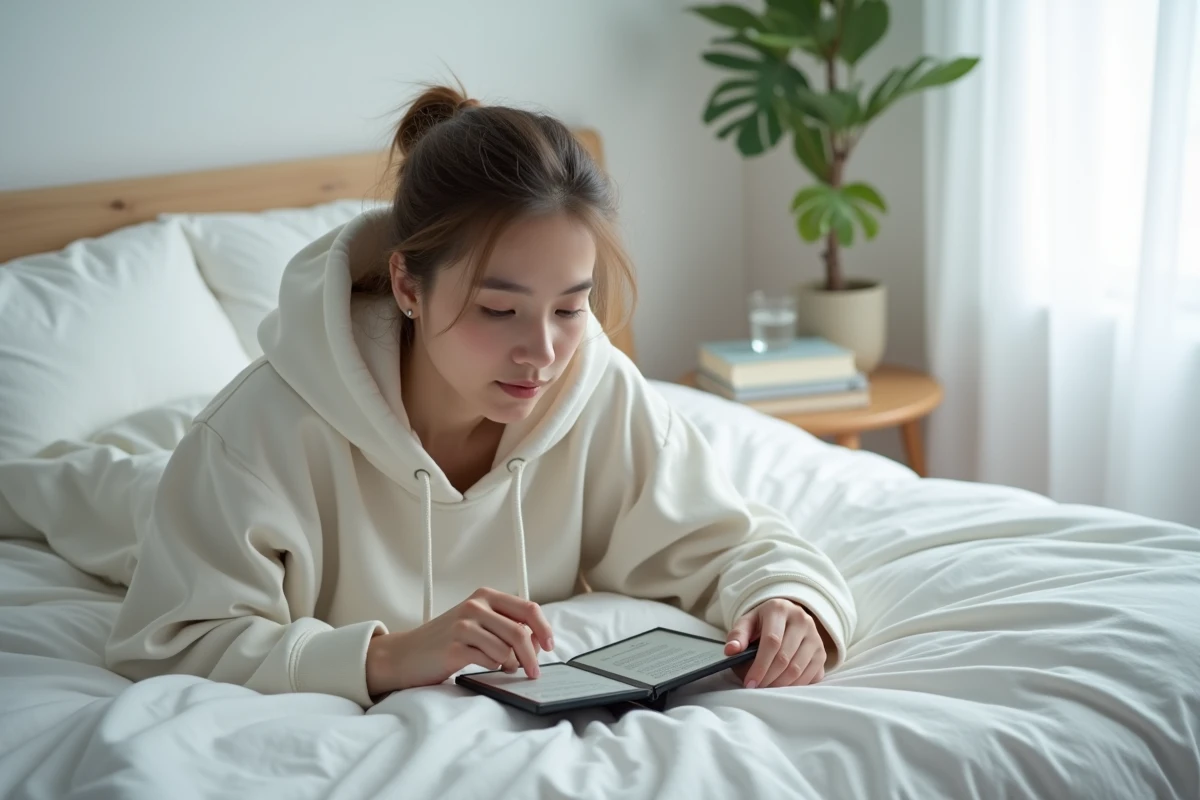Jeune femme allongée sur un lit lisant sur une liseuse électronique, évoquant le confort et l'accessibilité des livres numériques proposés par une plateforme d'ebooks