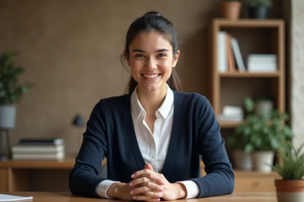 Jeune femme souriante dans un bureau chaleureux