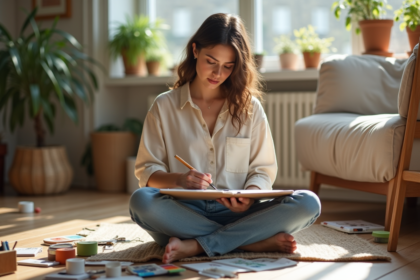 Jeune femme en train de peindre dans un appartement lumineux