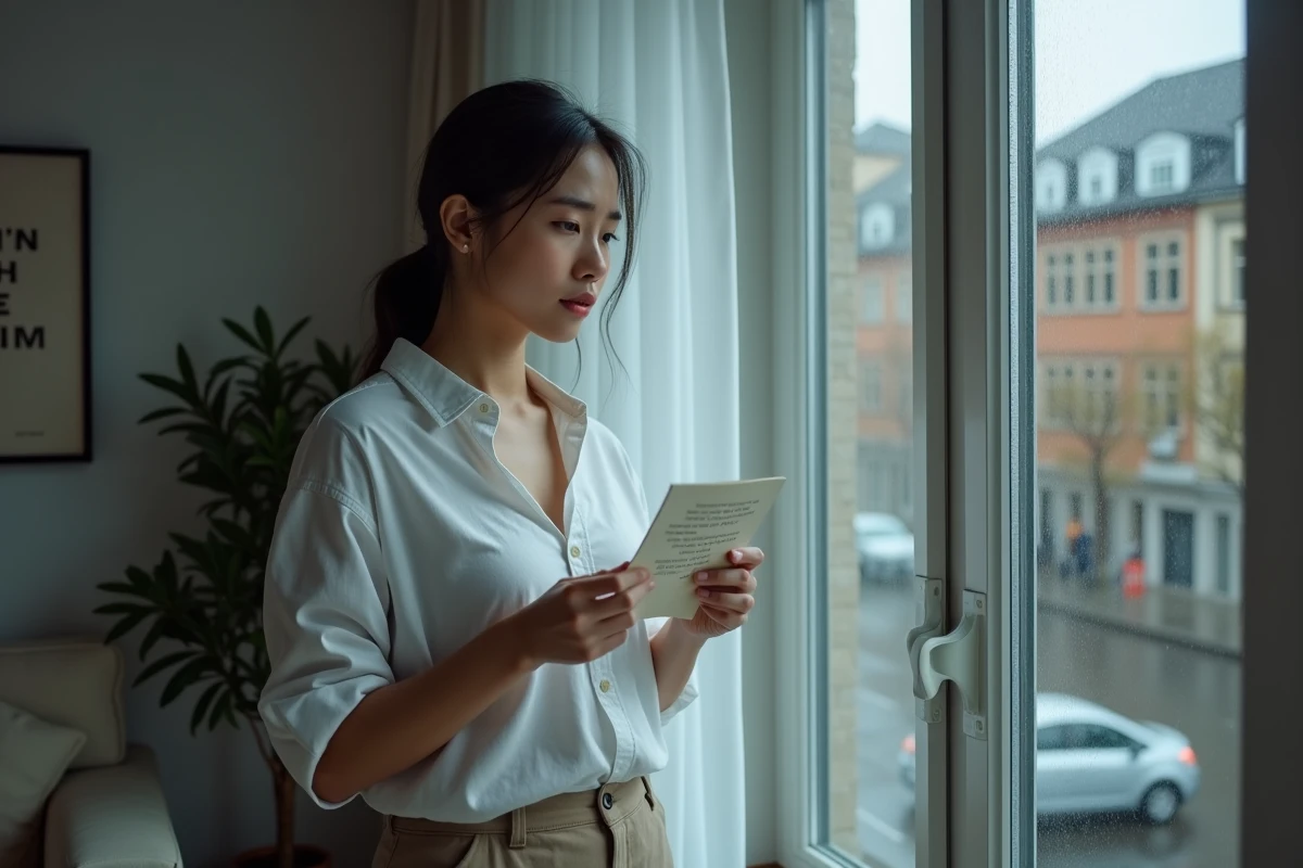 Jeune femme lisant un proverbe manuscrit près d'une fenêtre pluvieuse, symbolisant la guérison après une trahison