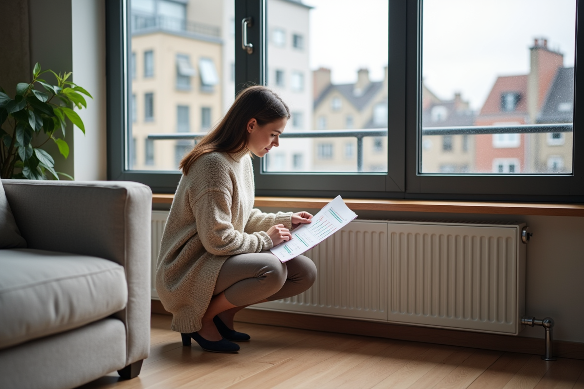 Jeune femme ajustant un radiateur électrique dans un appartement moderne