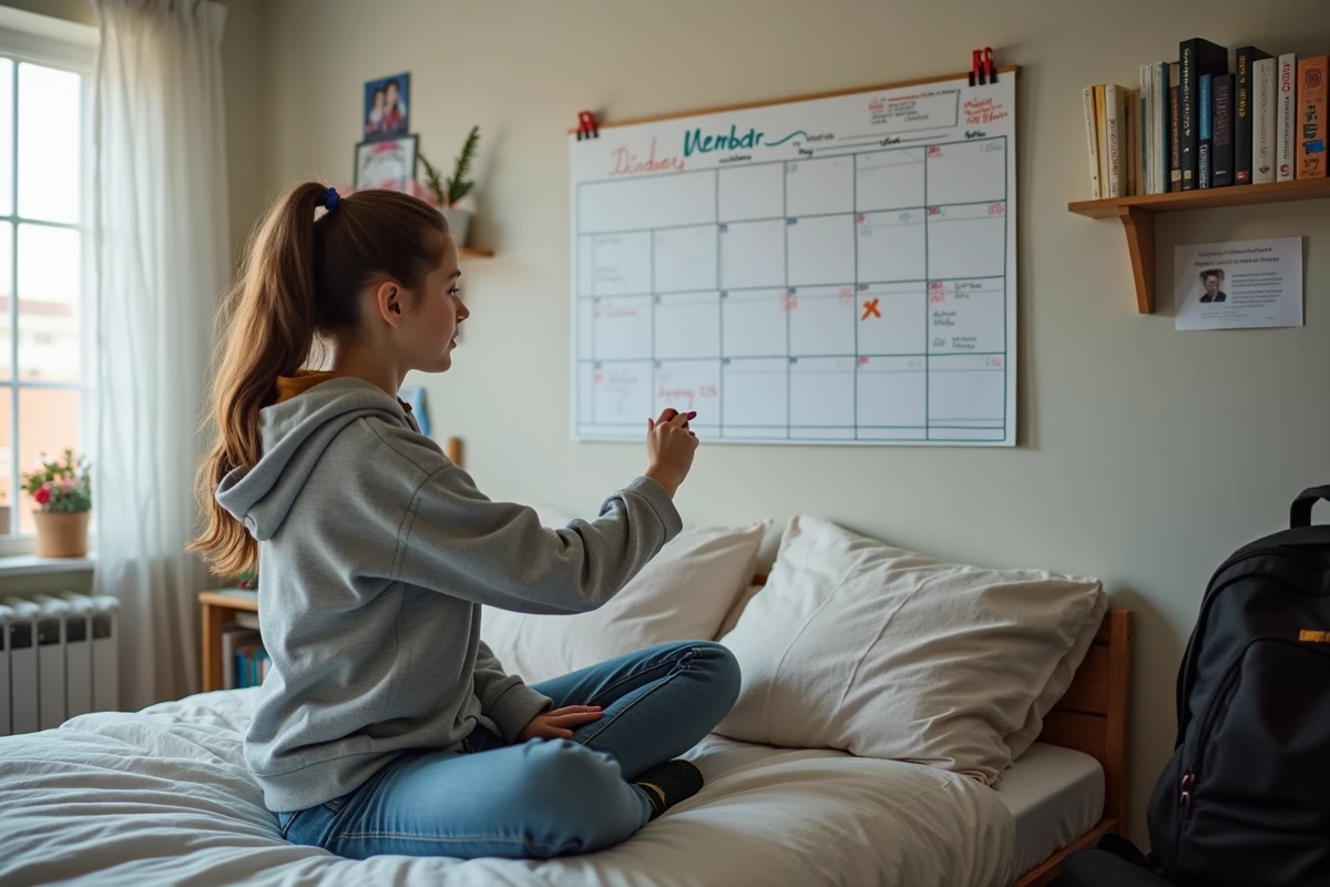 Adolescente marquant ses semaines sur un calendrier dans sa chambre