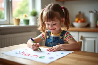 Jeune fille de 6 ans dessinant à la maison avec ses animaux