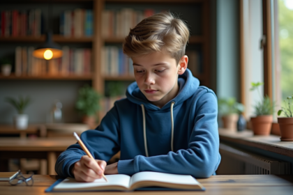 Jeune garçon en hoodie bleu dans un espace lecture cosy