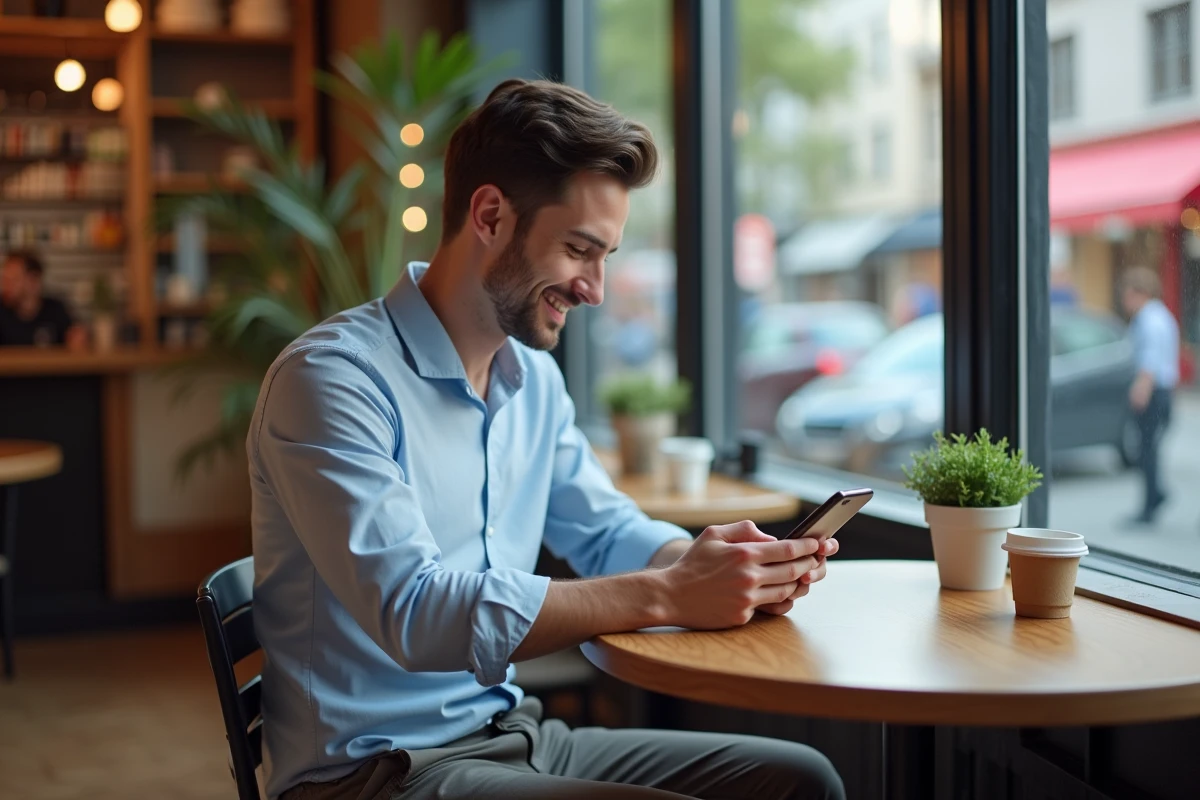 Jeune homme souriant en regardant son smartphone au café
