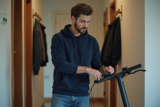 Jeune homme chargeant son scooter électrique dans un couloir moderne