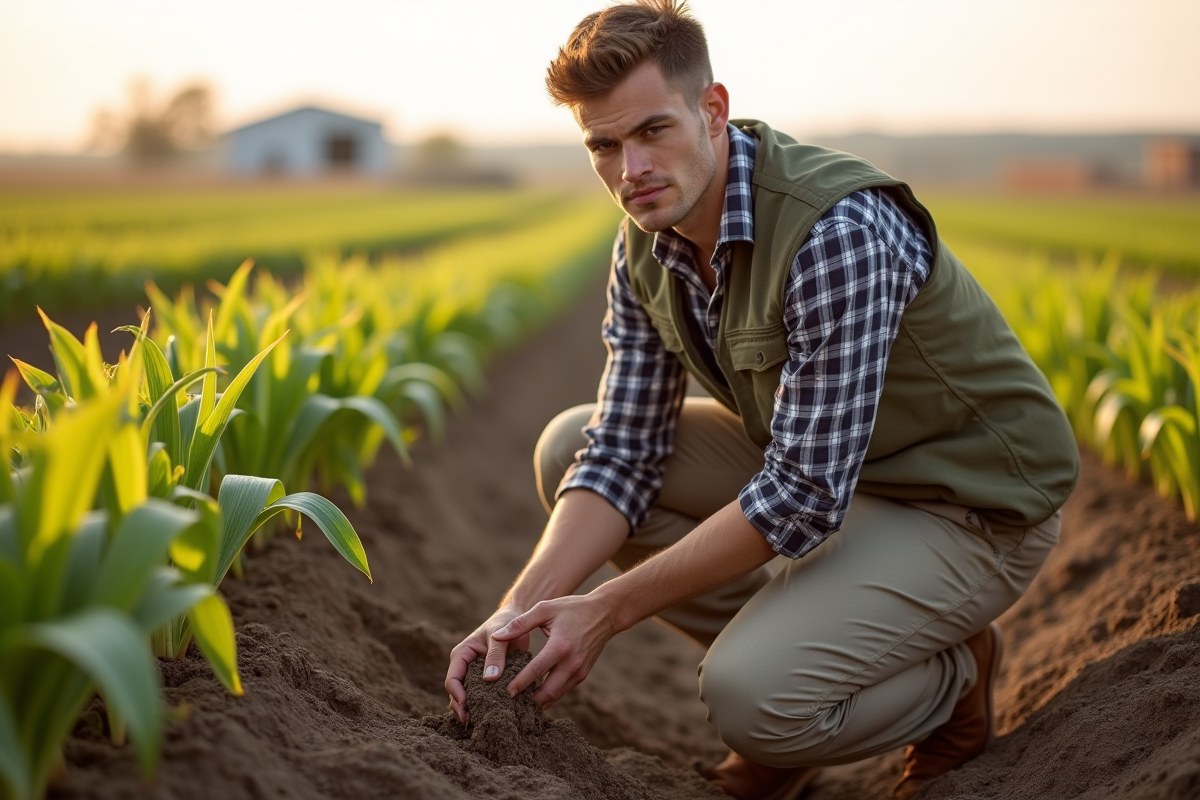 Jeune homme examinant un échantillon de sol dans un champ