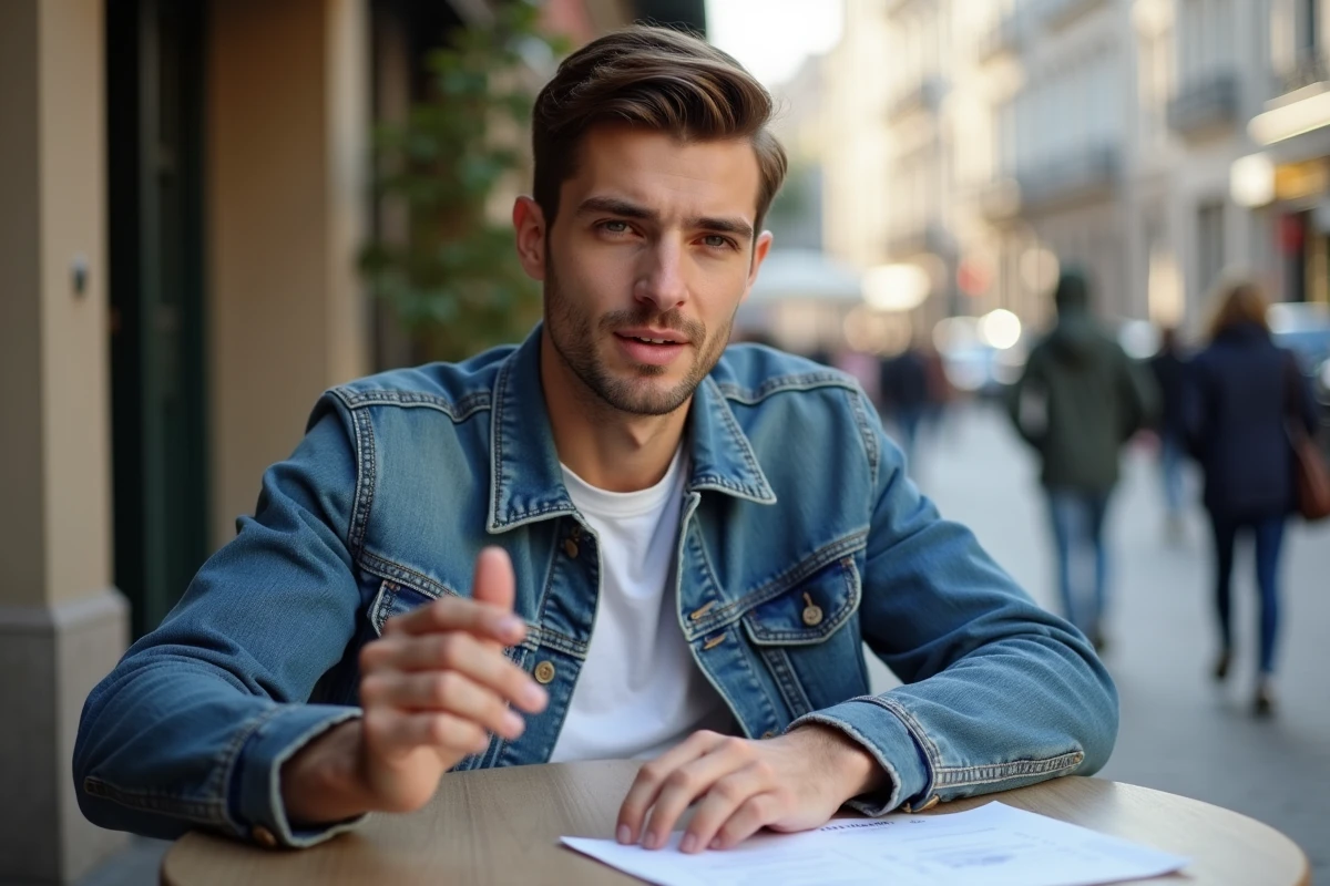 Jeune homme discutant dans un café en extérieur