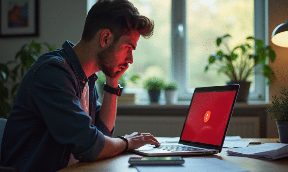 Jeune homme inquiet au bureau face à un message d'erreur sur son ordinateur