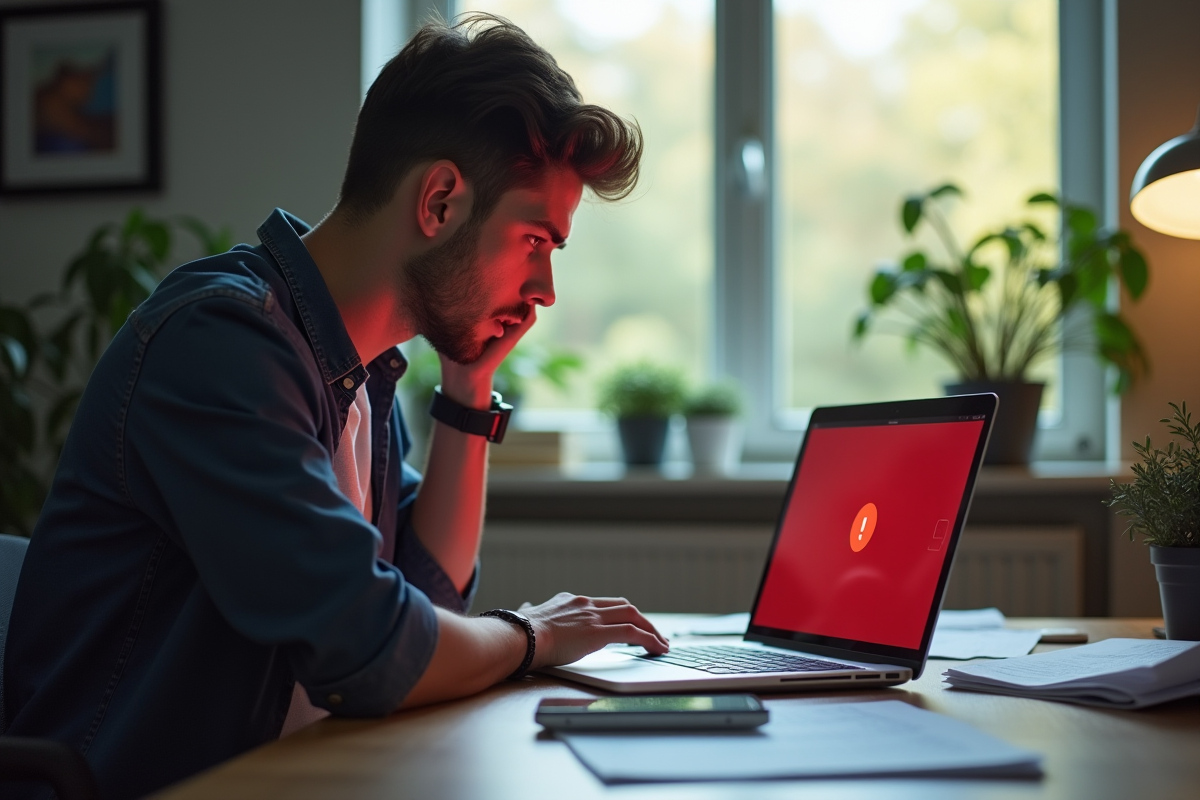 Jeune homme inquiet au bureau face à un message d'erreur sur son ordinateur