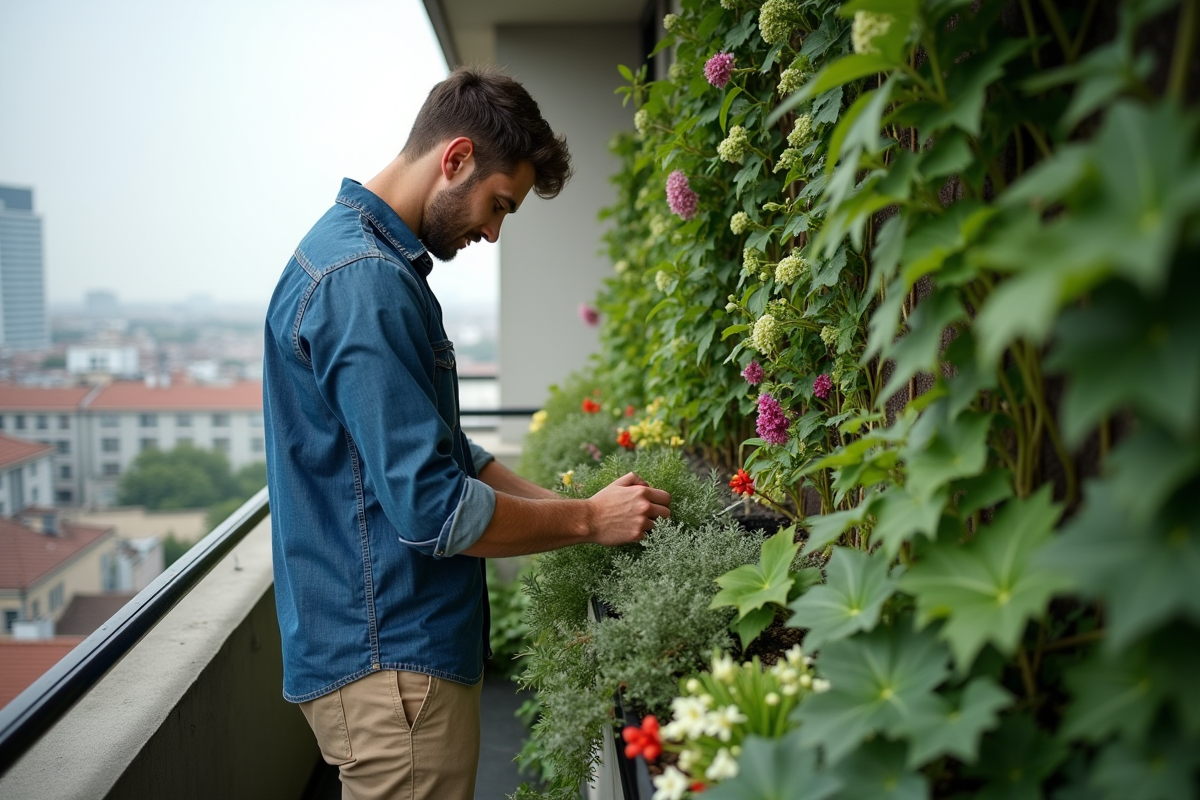 Jeune homme taillant un jardin vertical sur un balcon urbain