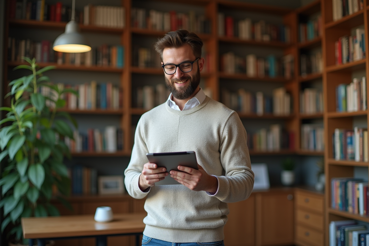Jeune homme dans une bibliothèque avec tablette AI
