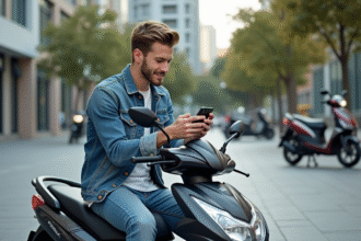 Jeune homme en denim avec moto Dax 50cc en ville