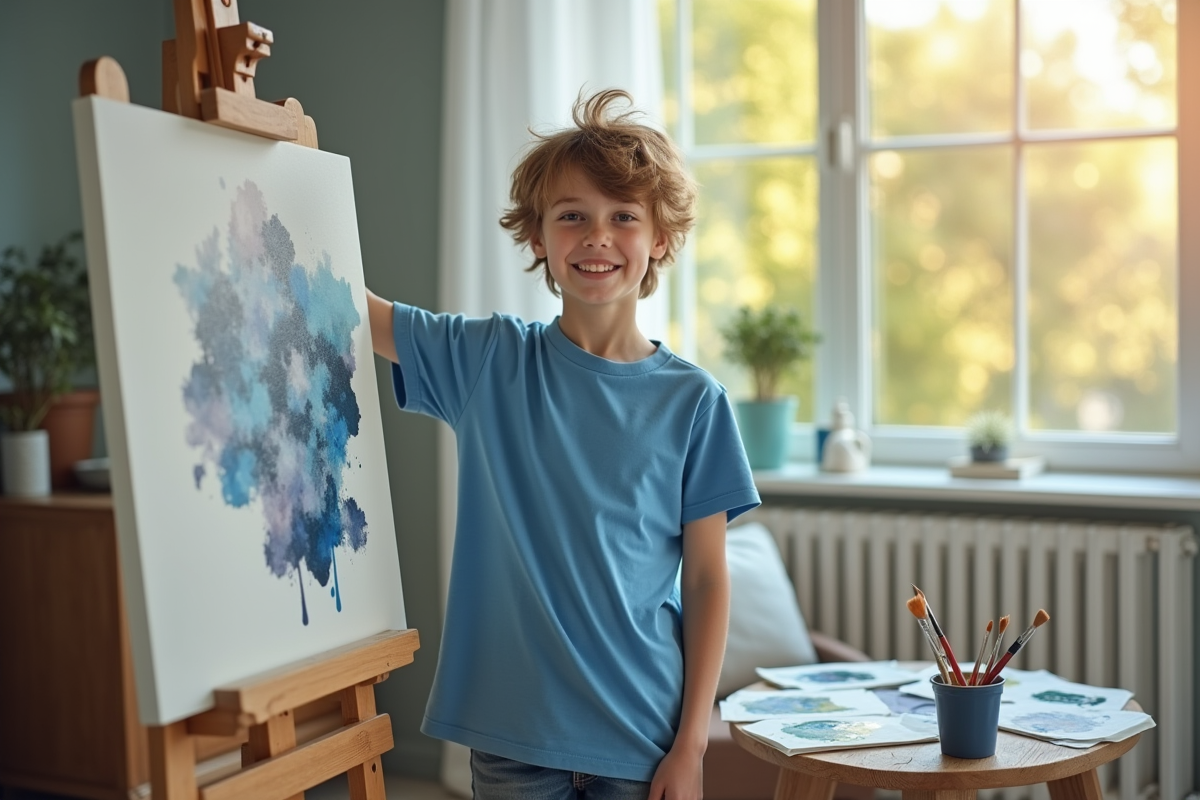 Adolescent souriant montrant sa toile de peinture