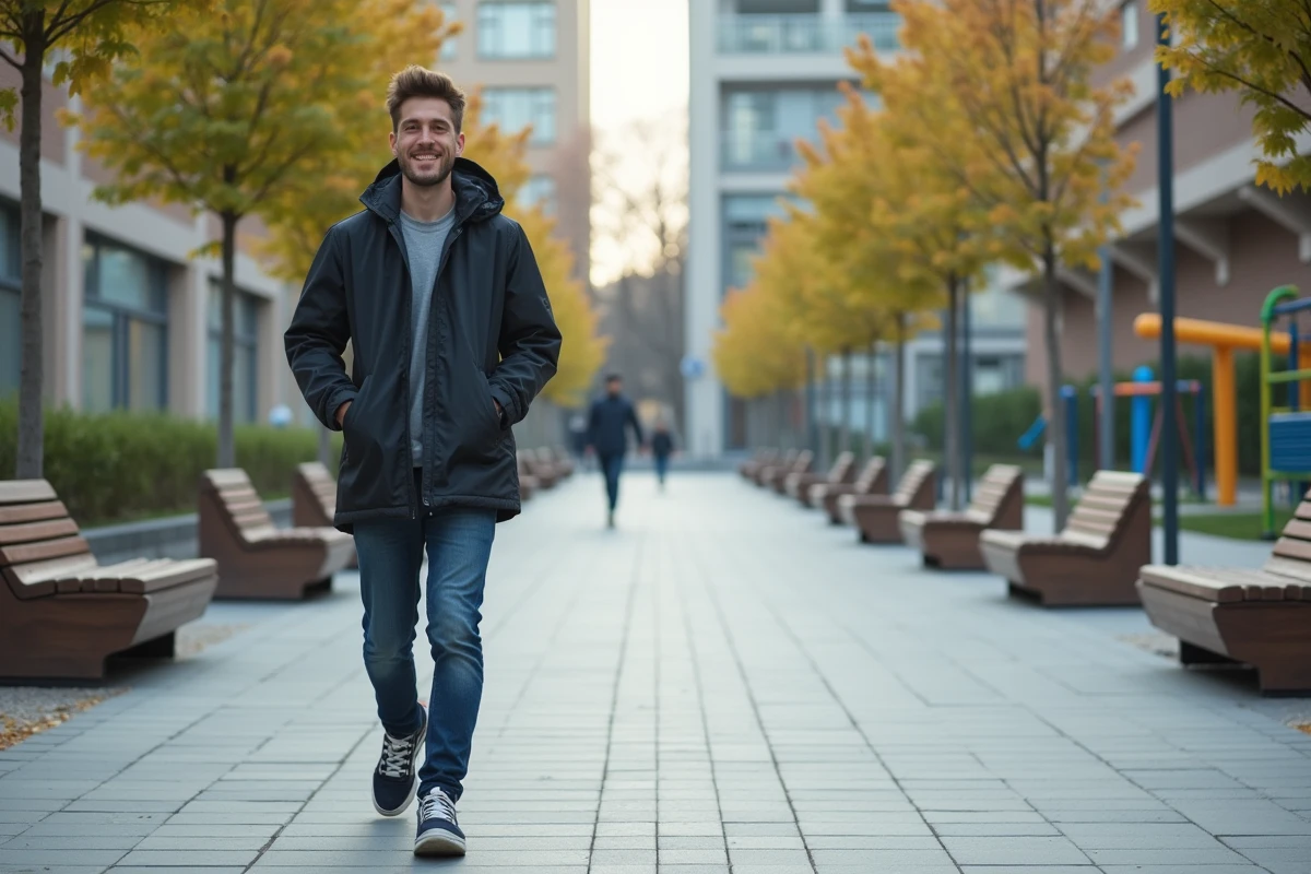 Jeune homme marche sur esplanade rénovée en ville