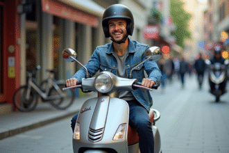 Jeune homme en denim sur scooter en ville