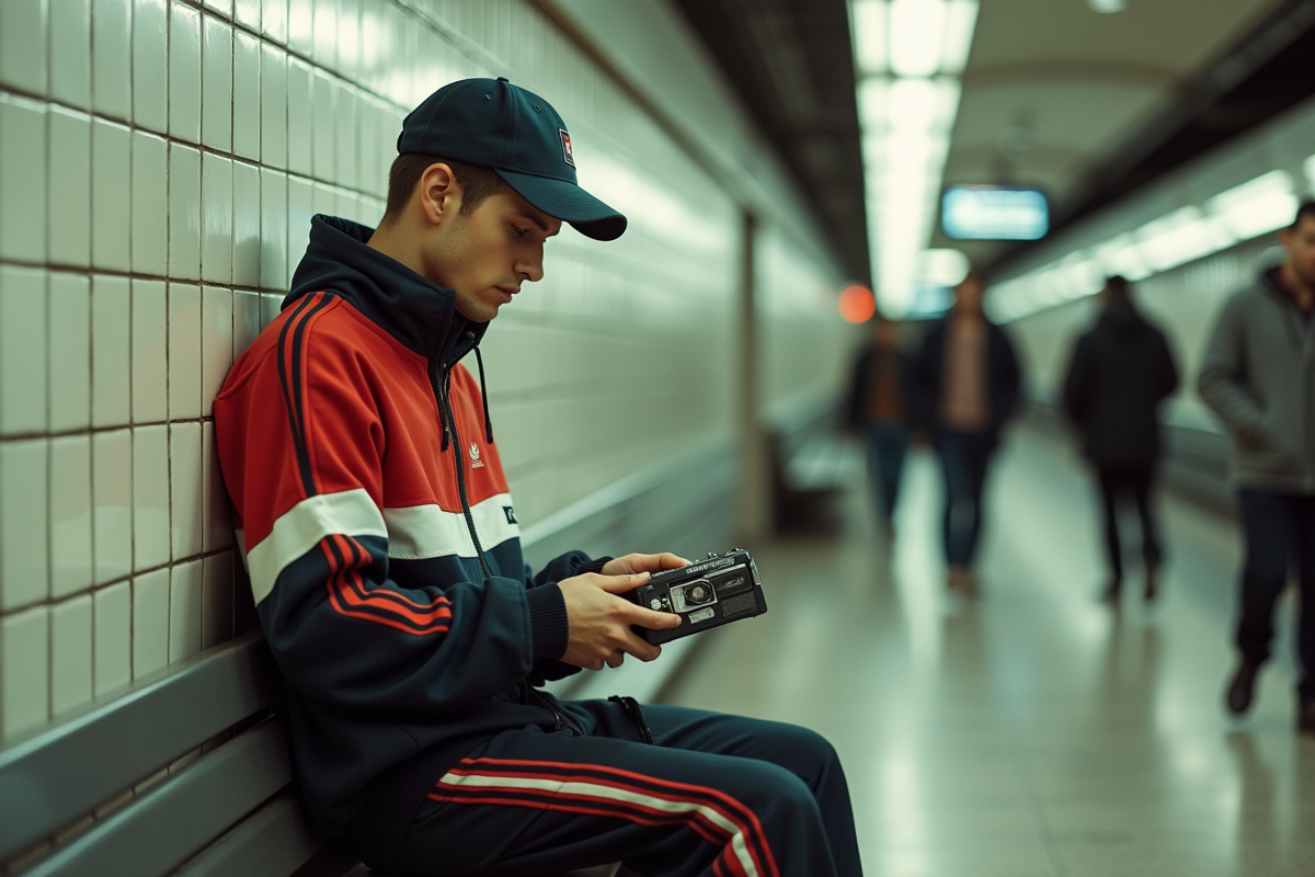 Jeune homme en tracksuit vintage avec casque dans le métro