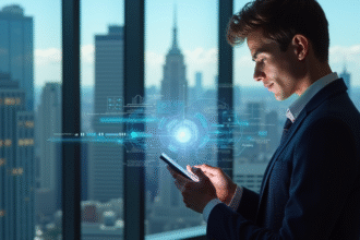 Jeune professionnel utilisant une interface holographique sur smartphone
