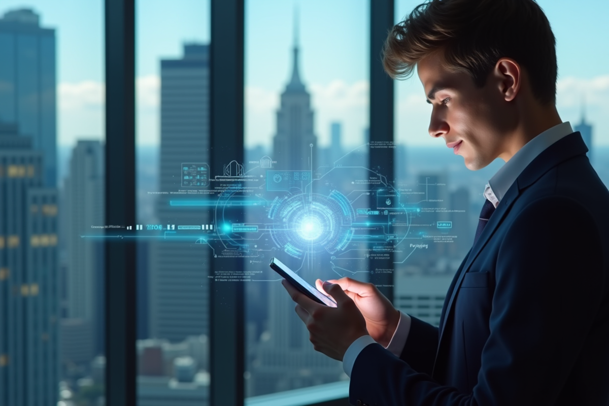 Jeune professionnel utilisant une interface holographique sur smartphone