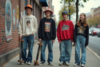 Groupe d'adolescents en streetwear des années 1990 dans la ville