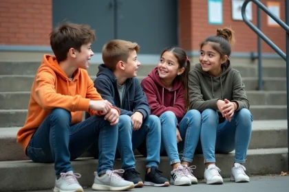 Groupe de quatre adolescents assis sur des marches extérieures