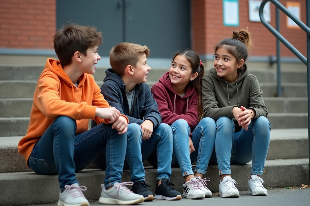 Groupe de quatre adolescents assis sur des marches extérieures