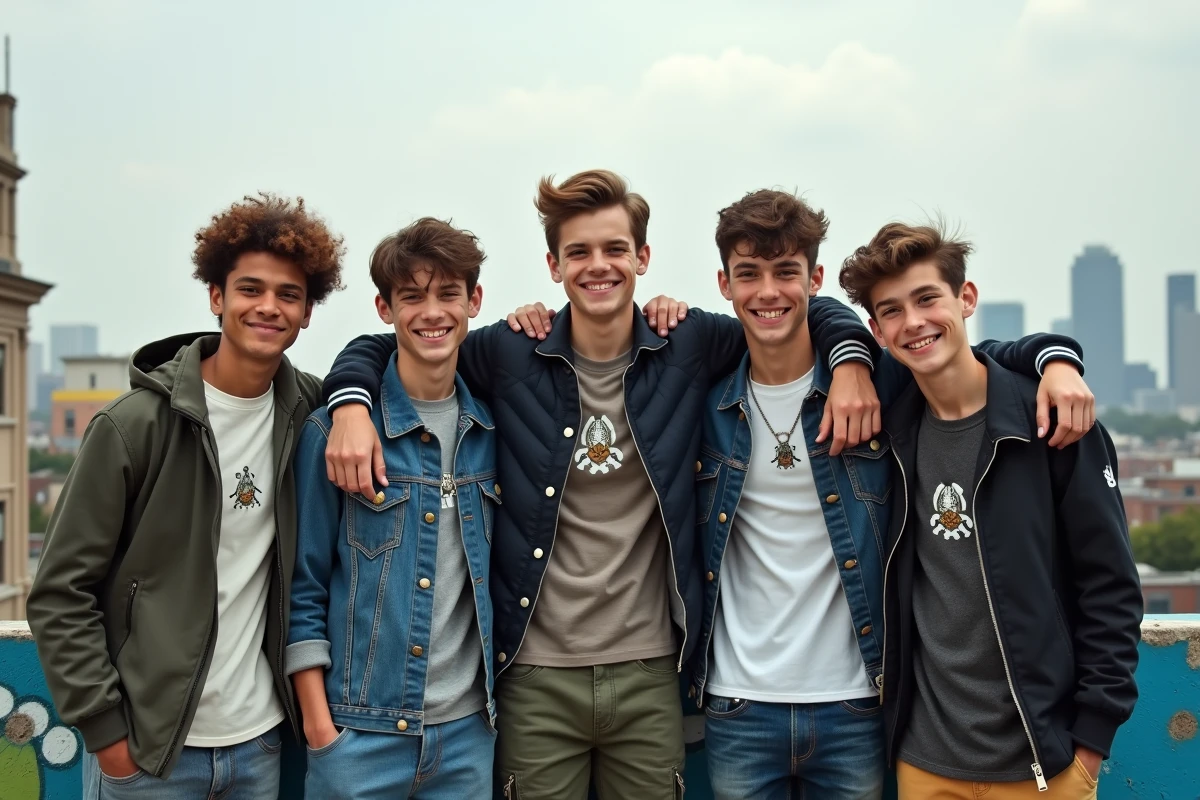 Groupe de jeunes sur un rooftop urbain en streetwear