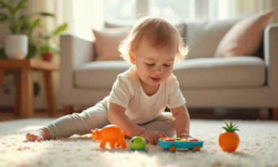 Enfant en bas age jouant avec des jouets éducatifs colorés dans le salon