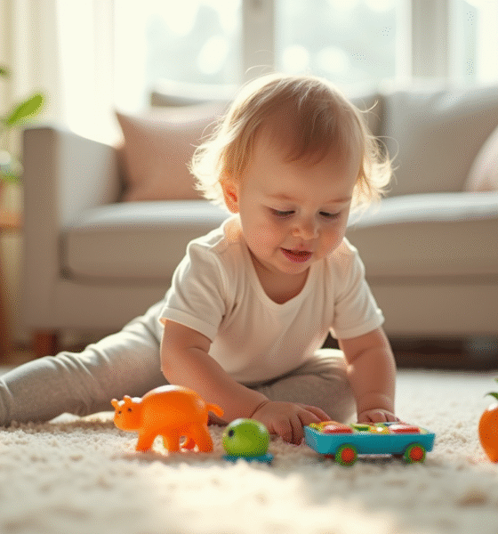 Enfant en bas age jouant avec des jouets éducatifs colorés dans le salon