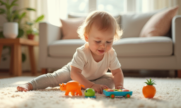 Enfant en bas age jouant avec des jouets éducatifs colorés dans le salon
