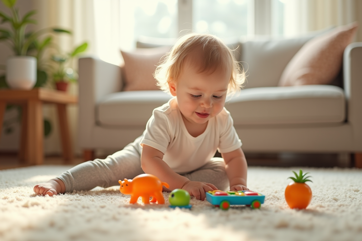 Enfant en bas age jouant avec des jouets éducatifs colorés dans le salon