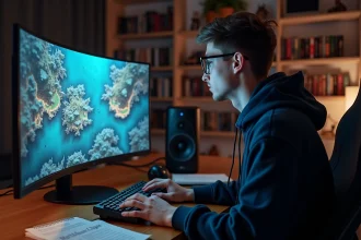 Joueur concentré sur une carte du Royaume d'Encre dans le jeu Dofus, assis devant un écran avec des notes de progression
