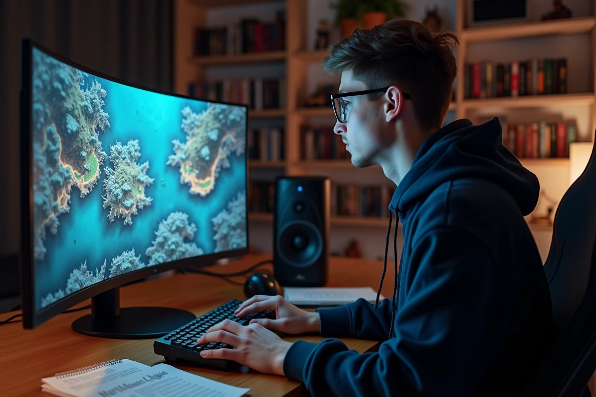 Joueur concentré sur une carte du Royaume d'Encre dans le jeu Dofus, assis devant un écran avec des notes de progression