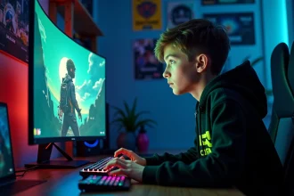 Joueur teenager concentré devant un setup gaming avec clavier mécanique RGB pour Fortnite et FPS