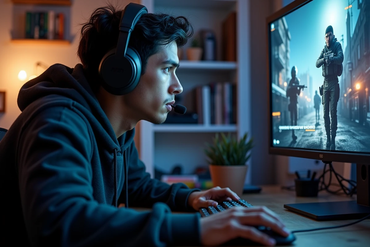 Joueur adulte concentré sur un war game en multijoueur depuis son setup gaming à domicile