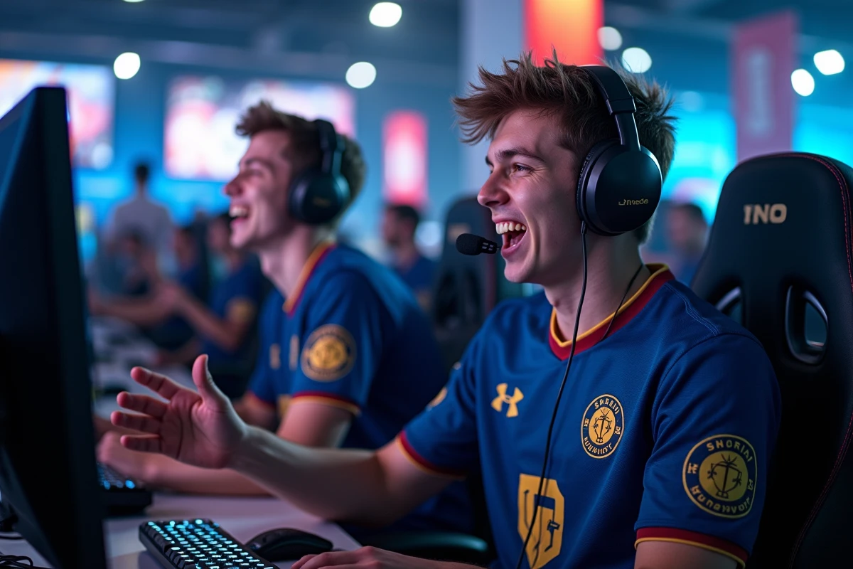 Deux joueurs esports en jersey réagissant lors d'une LAN party devant des écrans gaming